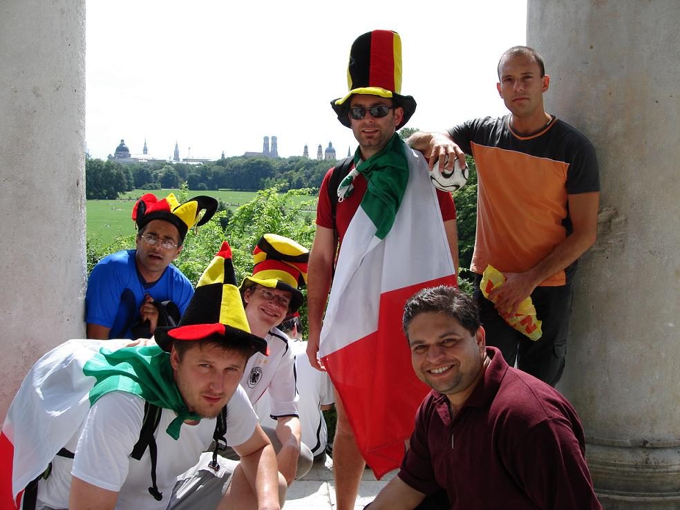 Manish Thatte and CIVEN classmates in Munich, 9 July 2006, in German flag hats with an Italian flag