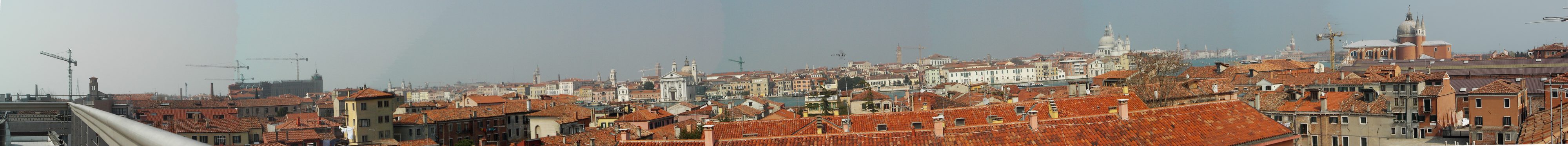 Panoramic sweep across the Venetian rooftops, April 2006 — the Gesuati on the Zattere, Santa Maria della Salute and the campanile of San Marco to the east, Il Redentore and San Giorgio Maggiore beyond